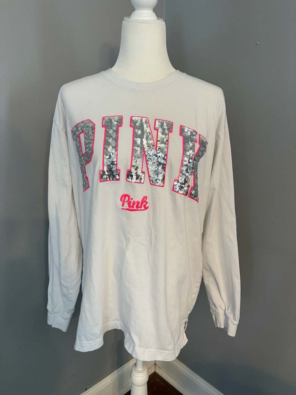 Victoria's Secret PINK White Long Sleeve Shirt with Silver Sequin Bling Logo Siz